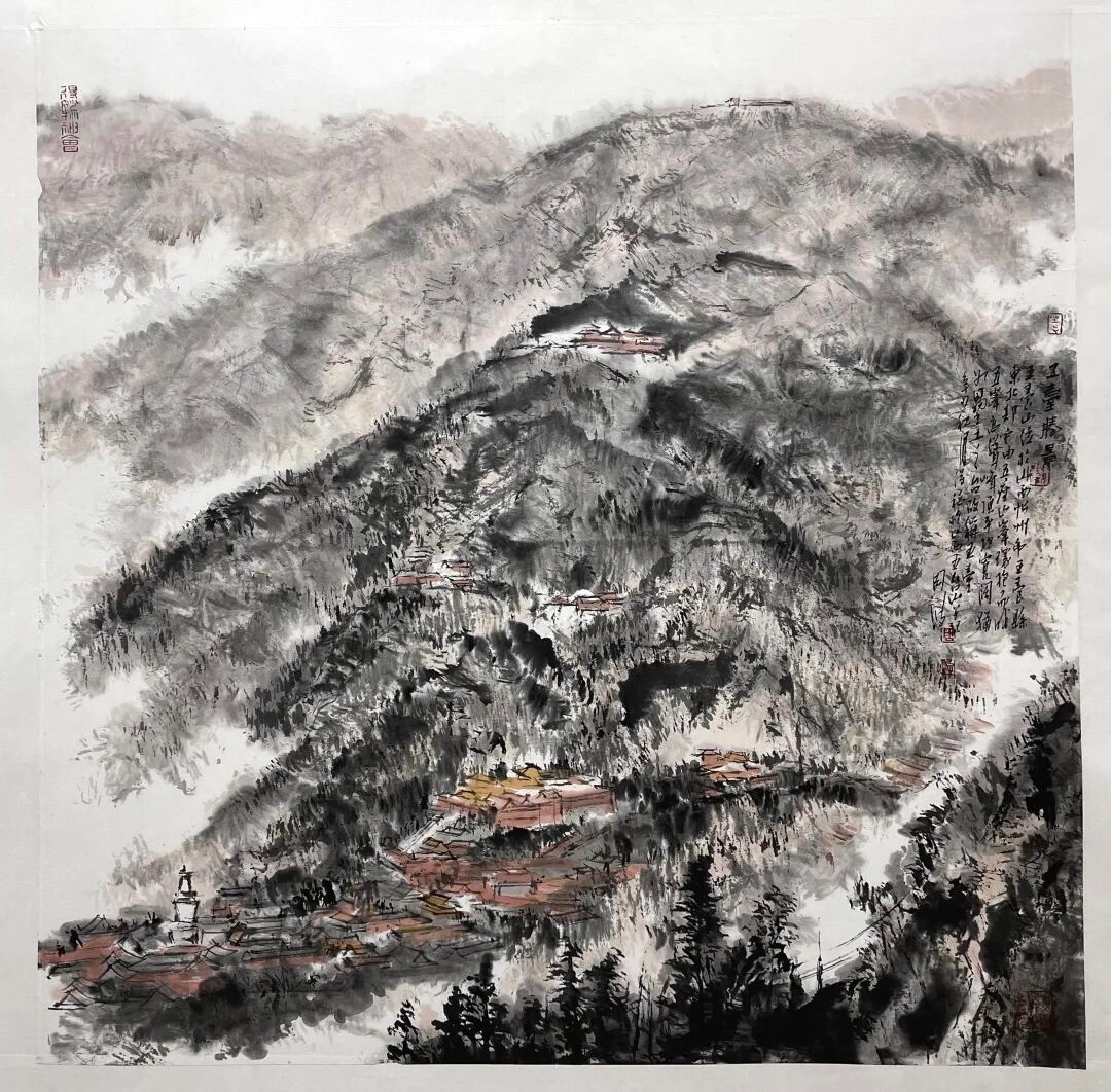 《五台山胜景》, ink landscape of Wutai Shan by Zhou Bo