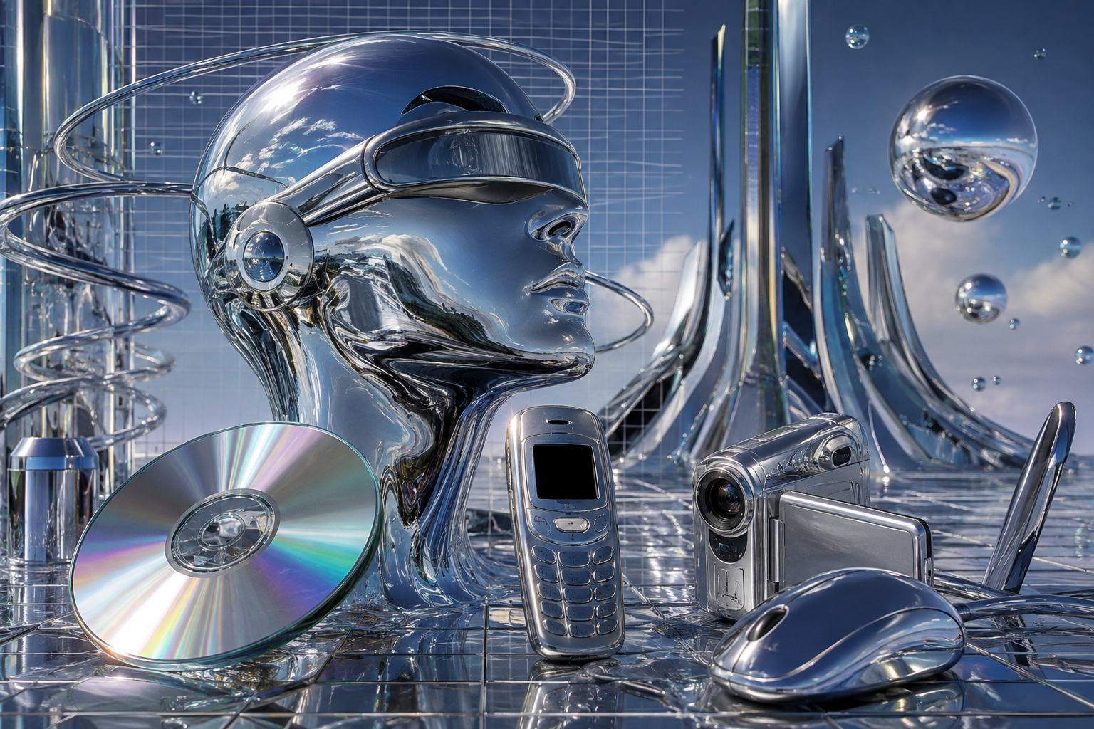 Mirror-chrome head wearing a headset, with a CD, mobile phone, camcorder and mouse arranged along the bottom, chrome ribbons and floating spheres behind, over a grid floor and blue sky