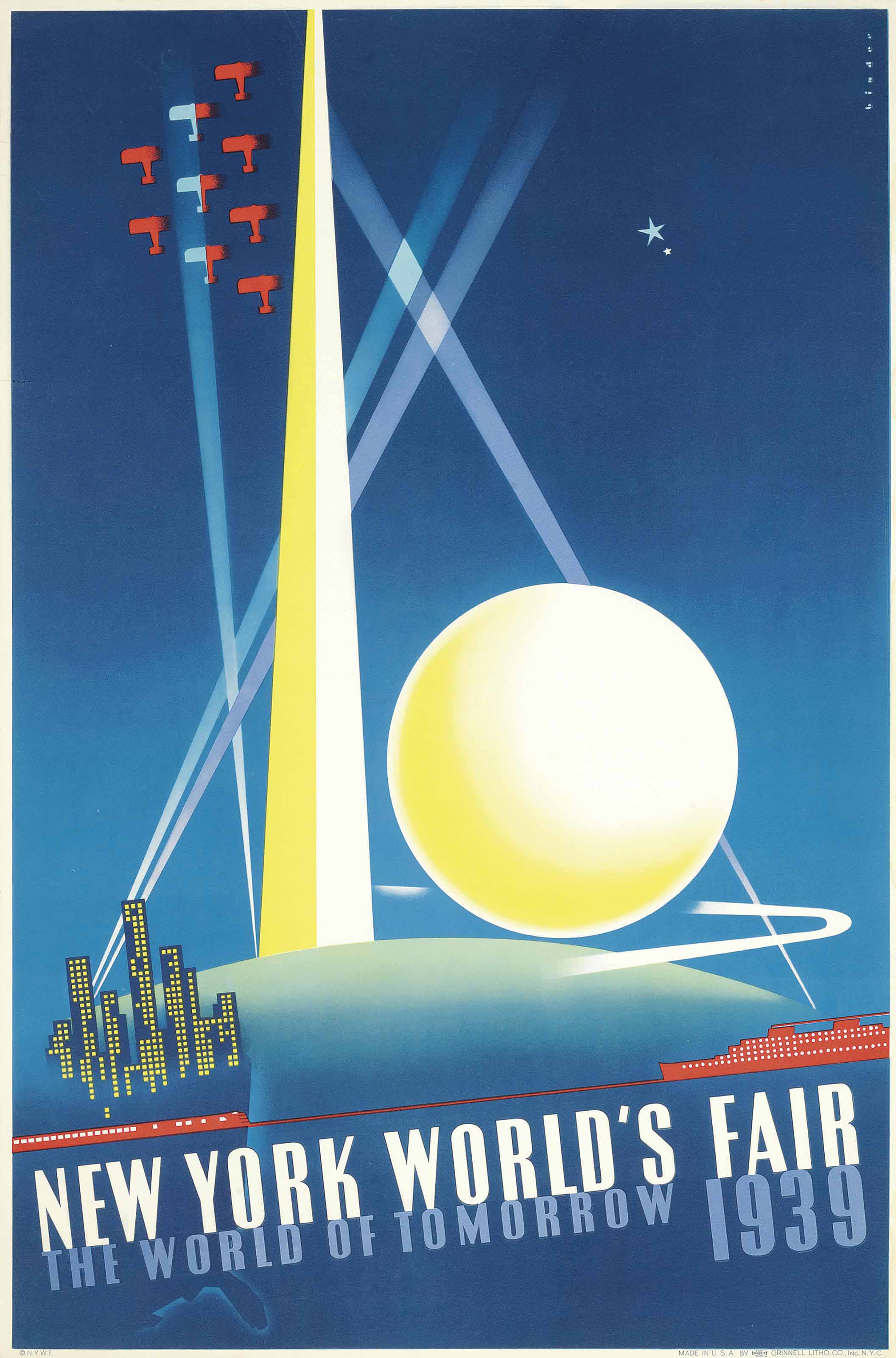 New York World's Fair 1939 poster by Joseph Binder — Trylon and Perisphere, crossed searchlights, red aircraft squadron.