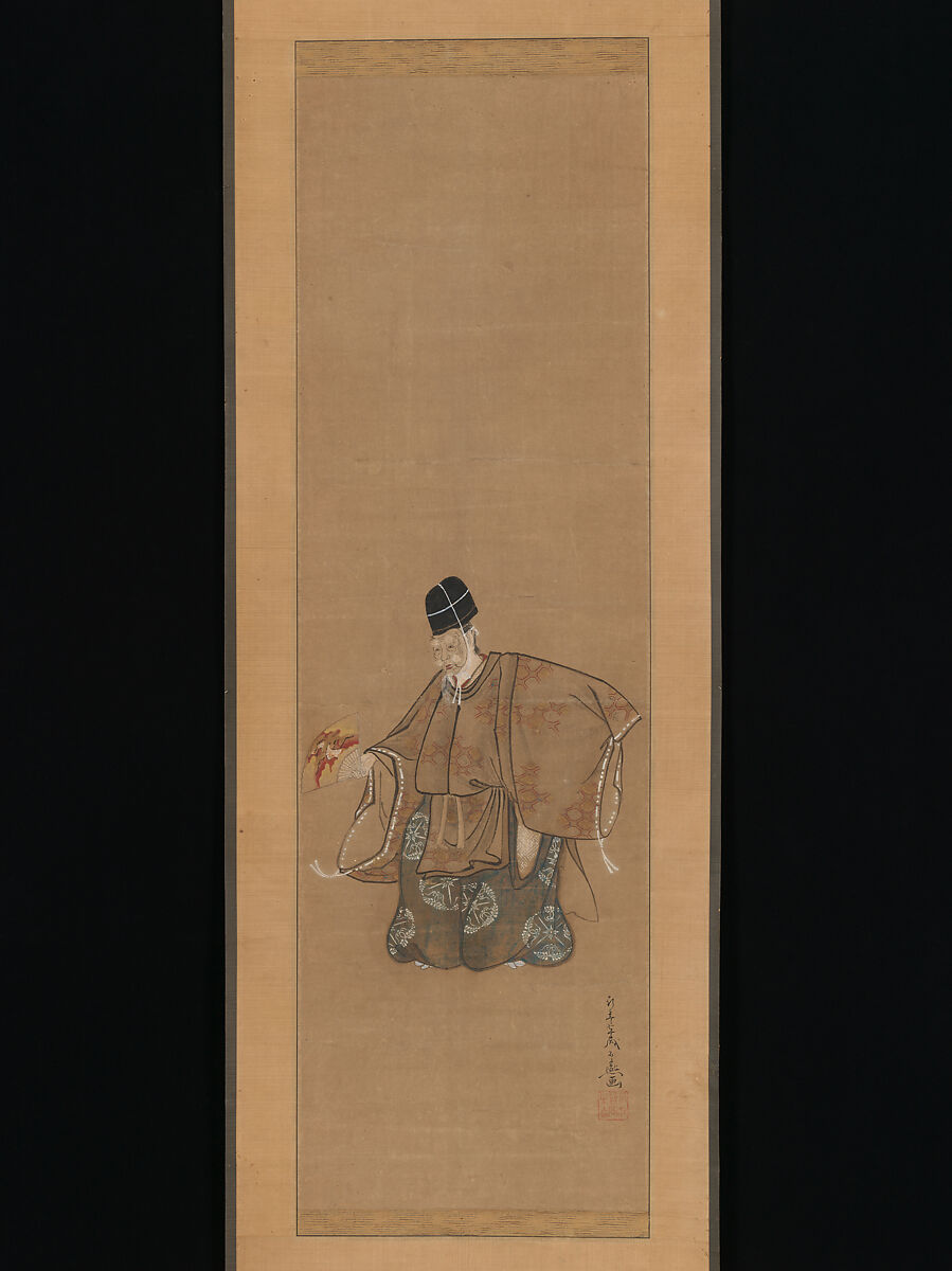 Hanging scroll showing an elderly figure in patterned robes holding a red fan.