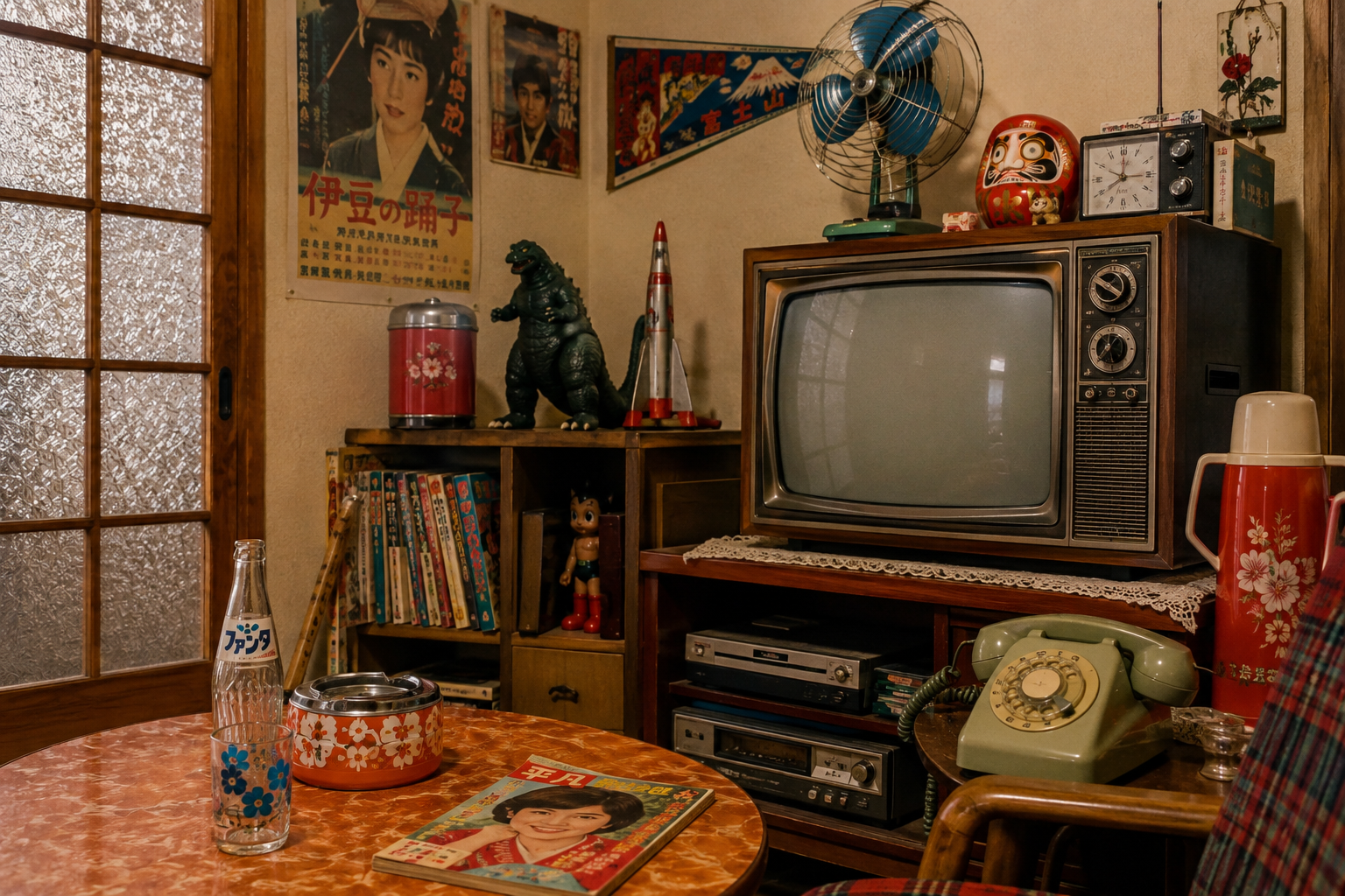 A Showa-era living room with a wood-cased television, rotary phone, vinyl Godzilla, and a floral vacuum flask, lit by a single lamp.