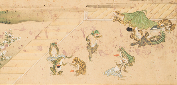 Detail of Ogawa Haritsu's Animal Story Scroll: small anthropomorphic figures wade through shallow water, carrying bundles and stalks, with one figure in red carried among them and flowering weeds at the right.