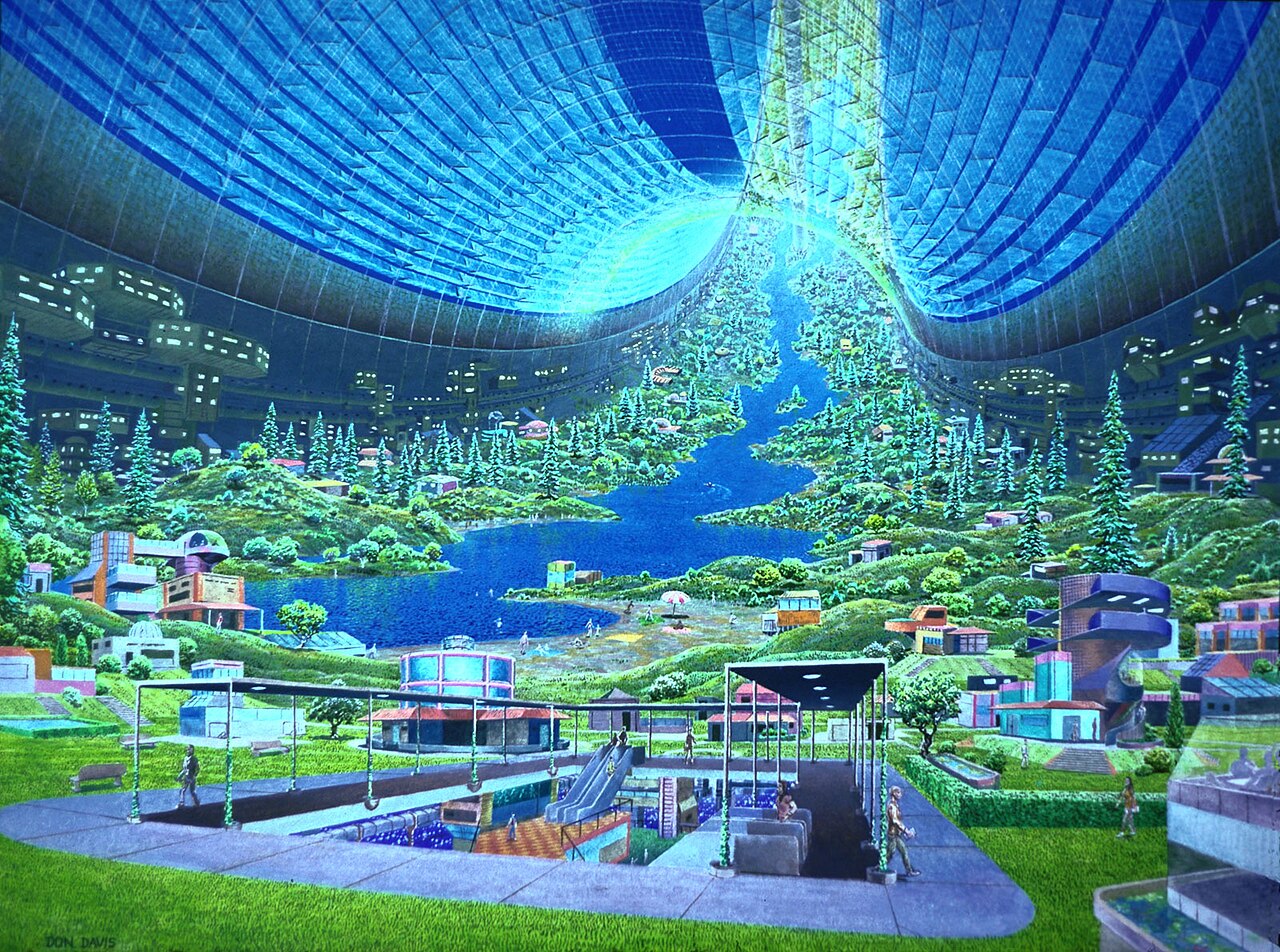 Interior of a Stanford torus space colony, green hills, lake and habitats curving upward inside a rotating wheel.