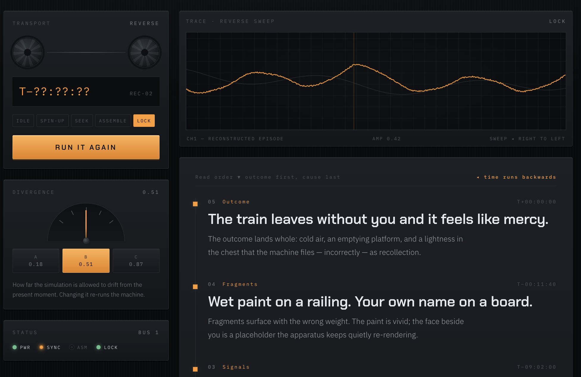 Dreaming Backwards station screenshot — reverse transport, divergence dial and reconstructed timeline