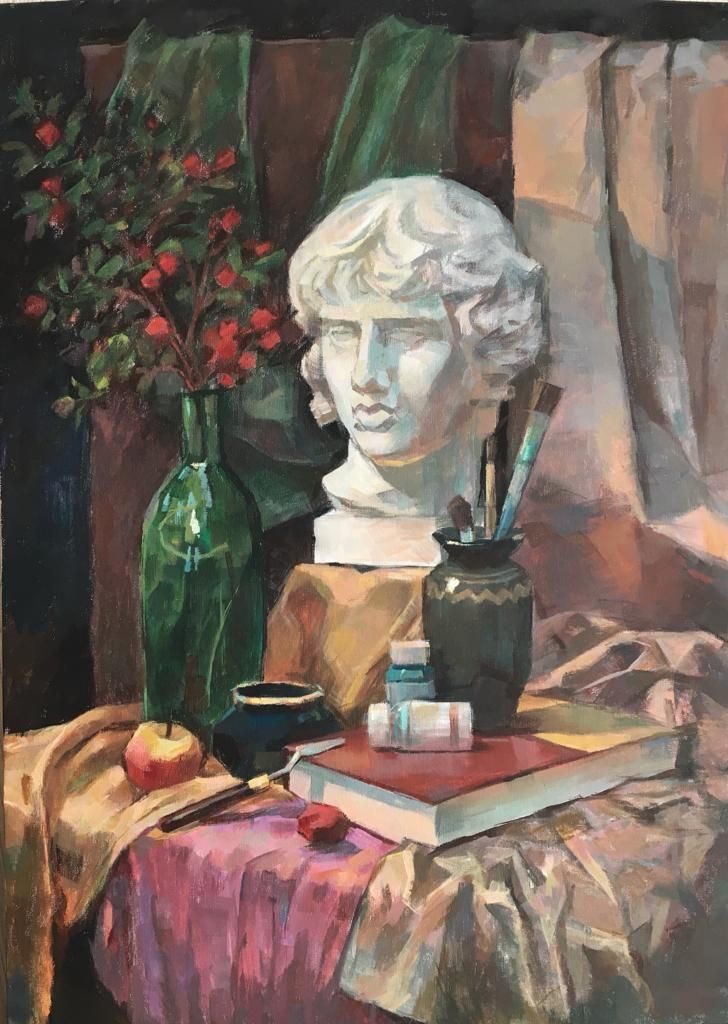 Acrylic still life: a white classical plaster bust beside a green glass bottle of red berries, a dark jar of paintbrushes, paint tubes on a red book, an apple, all on draped pink and ochre fabric.