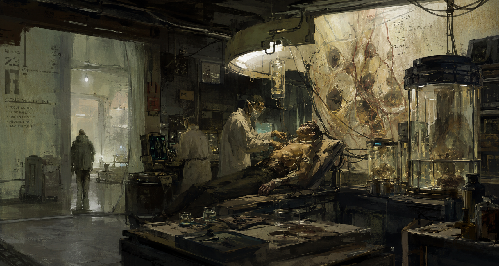 A back-street gene clinic: a man on a table with electrodes, a masked surgeon working over him, an assistant at a console, a wall sign listing services, a lit glass cylinder of tissue at the right, and a figure walking out through a plastic curtain at the left.