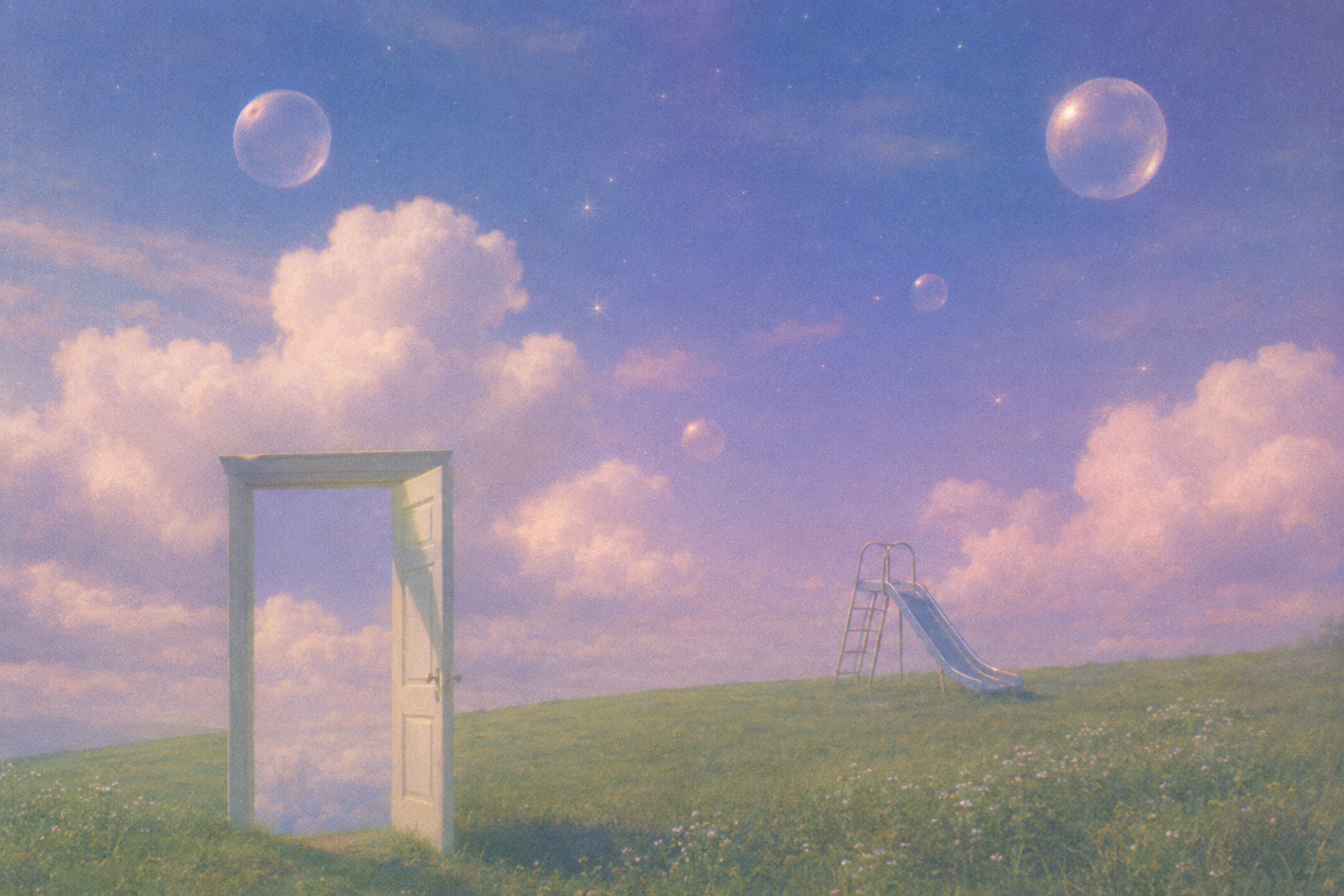 A white door standing open on a grassy hill, clouds visible through the doorway, a playground slide on the ridge, and soap-bubble planets in a lavender-pink sky.