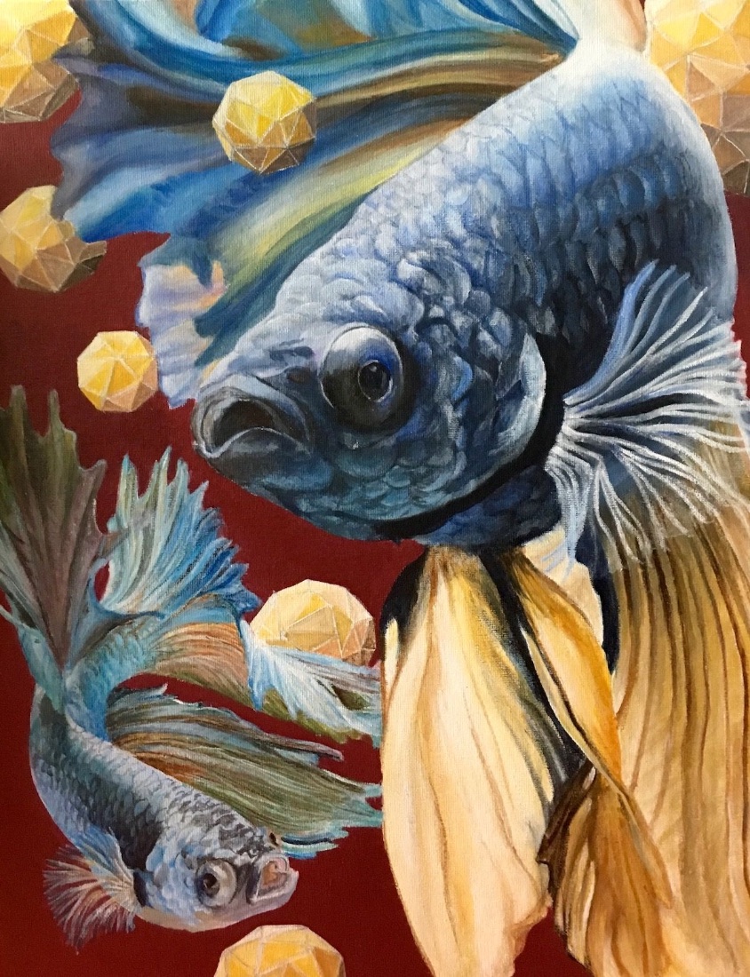 Painting of two betta fish with blue and yellow fins against a deep Chinese red background scattered with yellow faceted lanterns