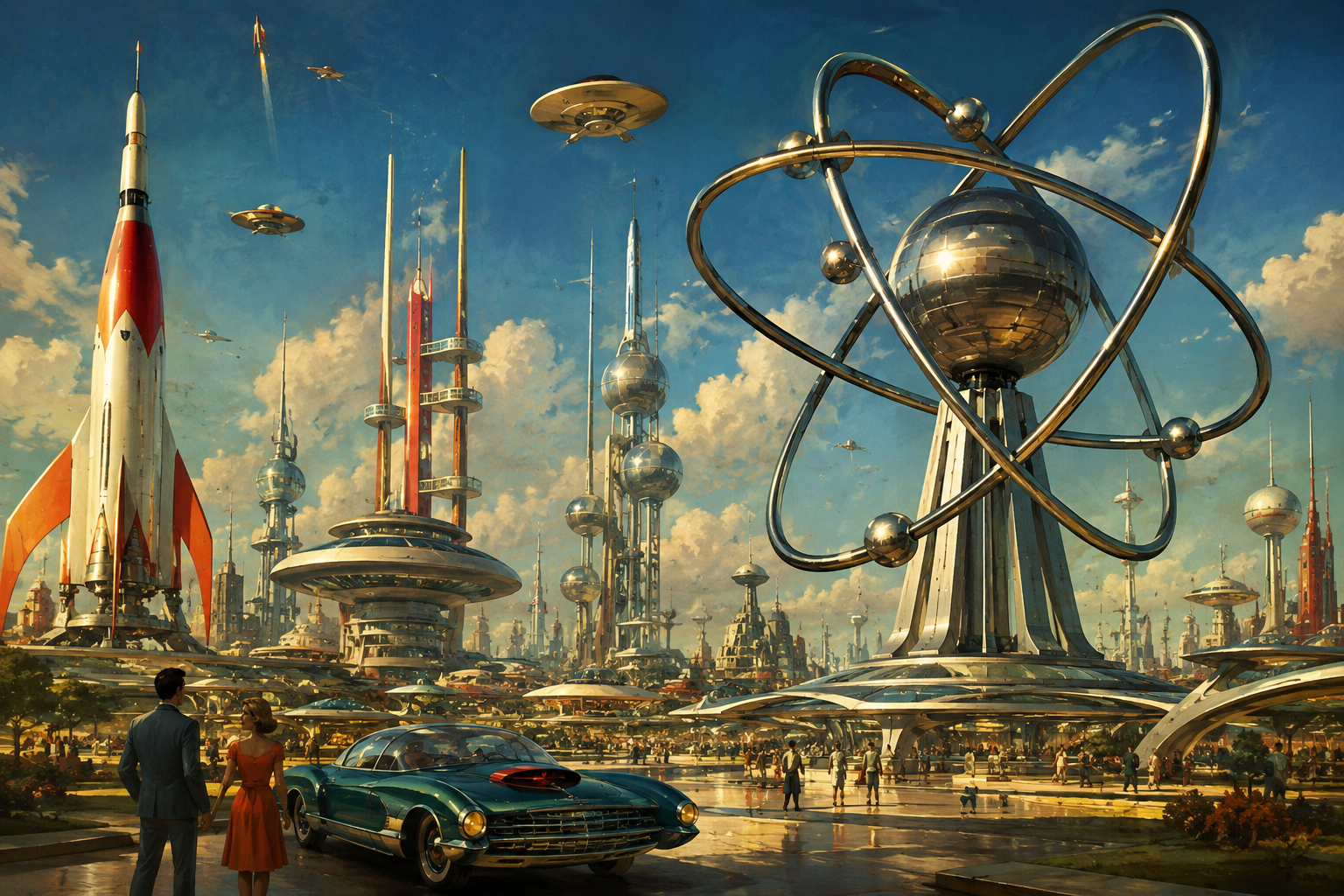 Painted atomic-age world's fair with a giant chrome atom monument, rockets and flying saucers, spires, a turquoise finned car and a couple in 1950s dress, under a deep blue sky with cumulus clouds.