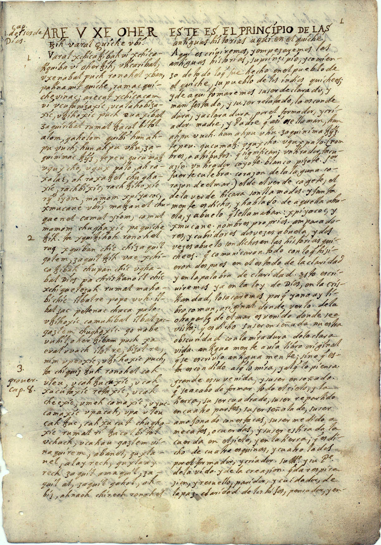 A handwritten manuscript leaf in brown ink, ruled into two columns of small cursive script, with numbered notes in the left margin.