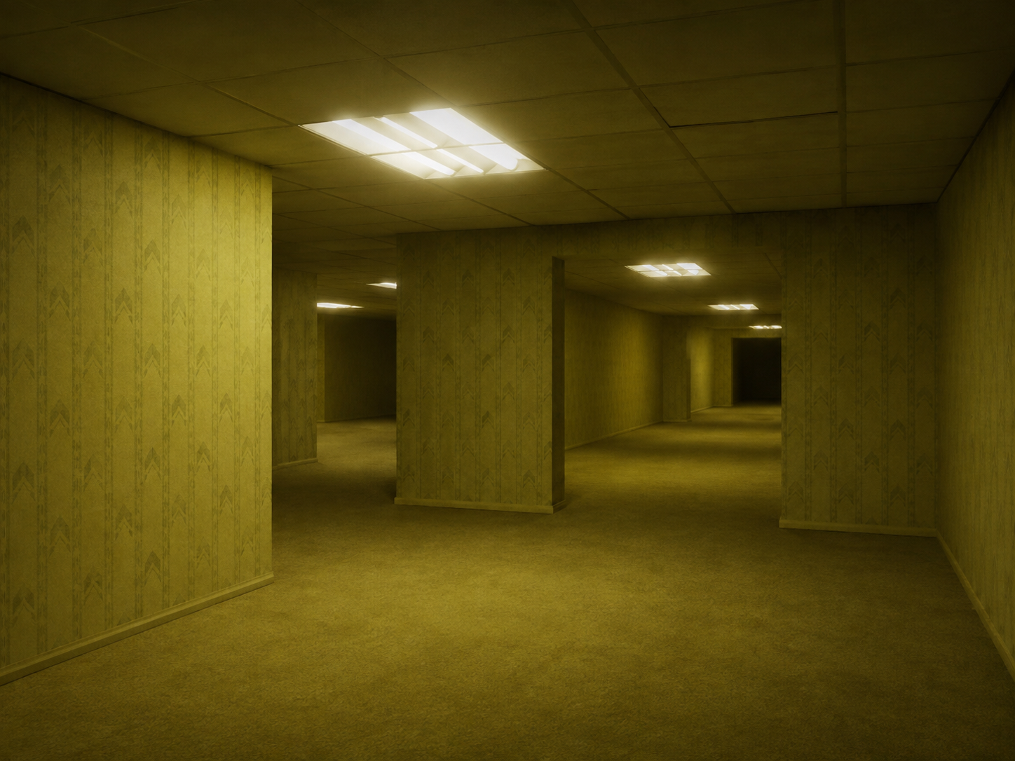 A recreation of an endless dim carpeted hallway with patterned wallpaper and fluorescent ceiling lights, in the style of the Backrooms.