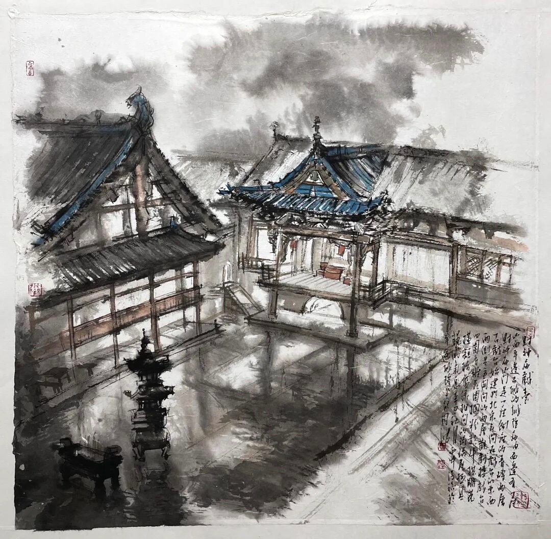 《平遥财神庙戏台》, Pingyao opera stage ink painting