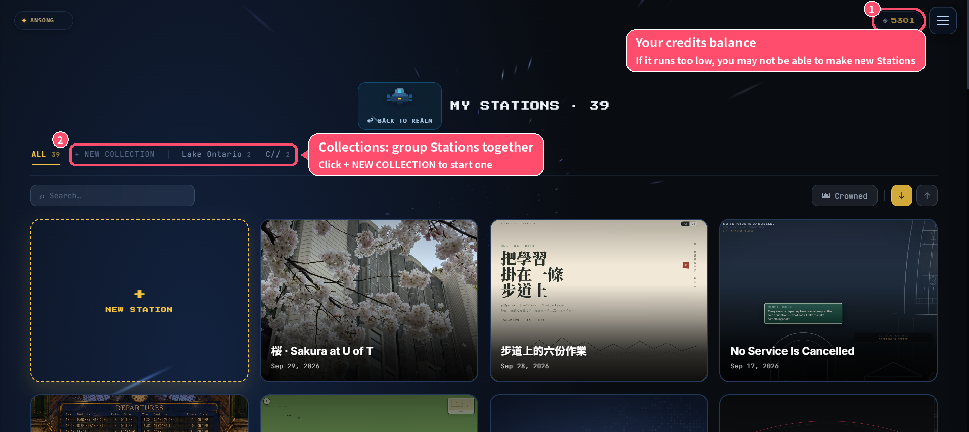Credits balance and Collection tabs