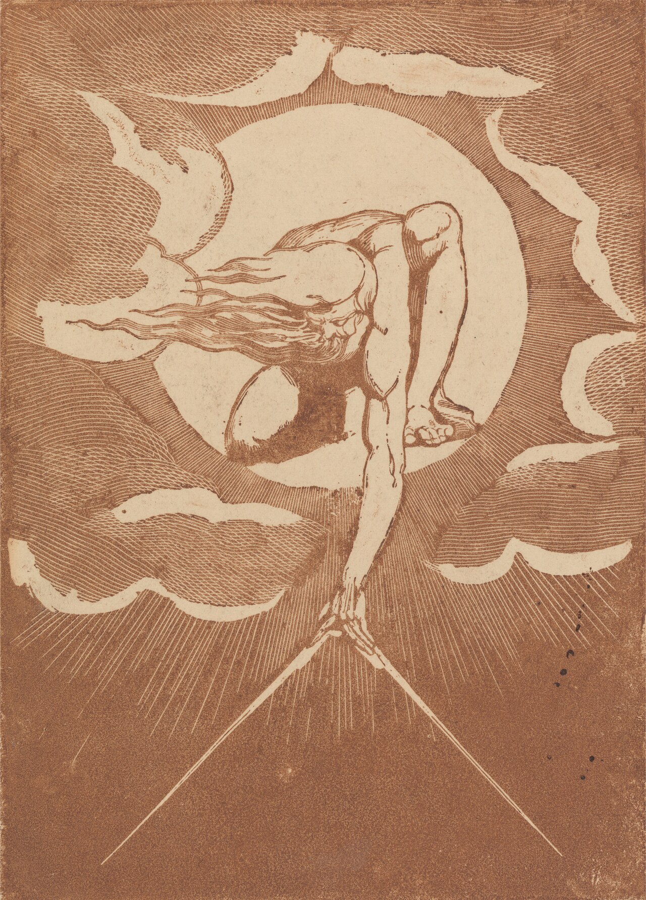 A crouching figure leaning out of a blazing disc of light, reaching down with a pair of open compasses