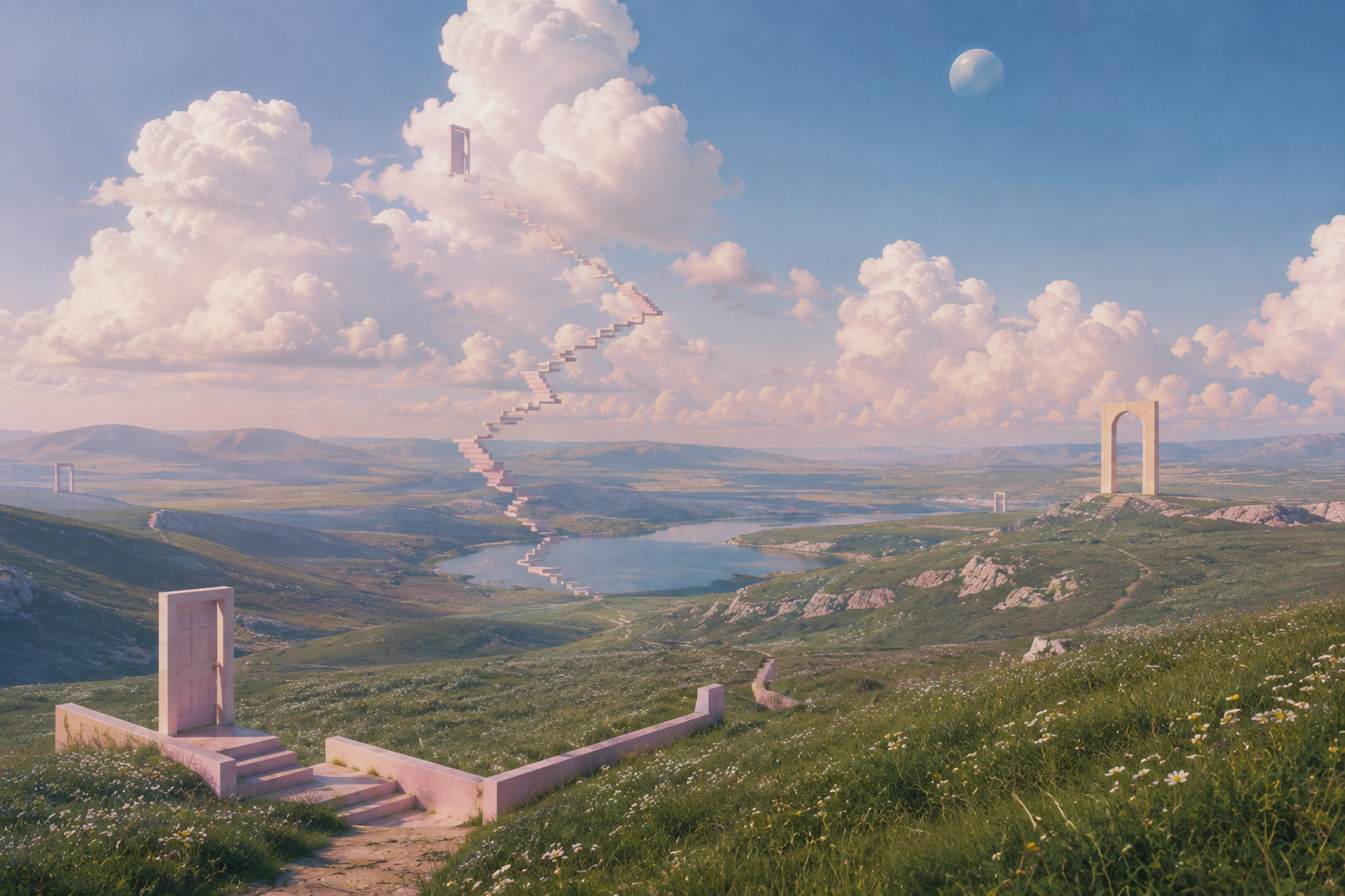 A staircase rising through a cloud with a door at the top, above a green valley and a lake.