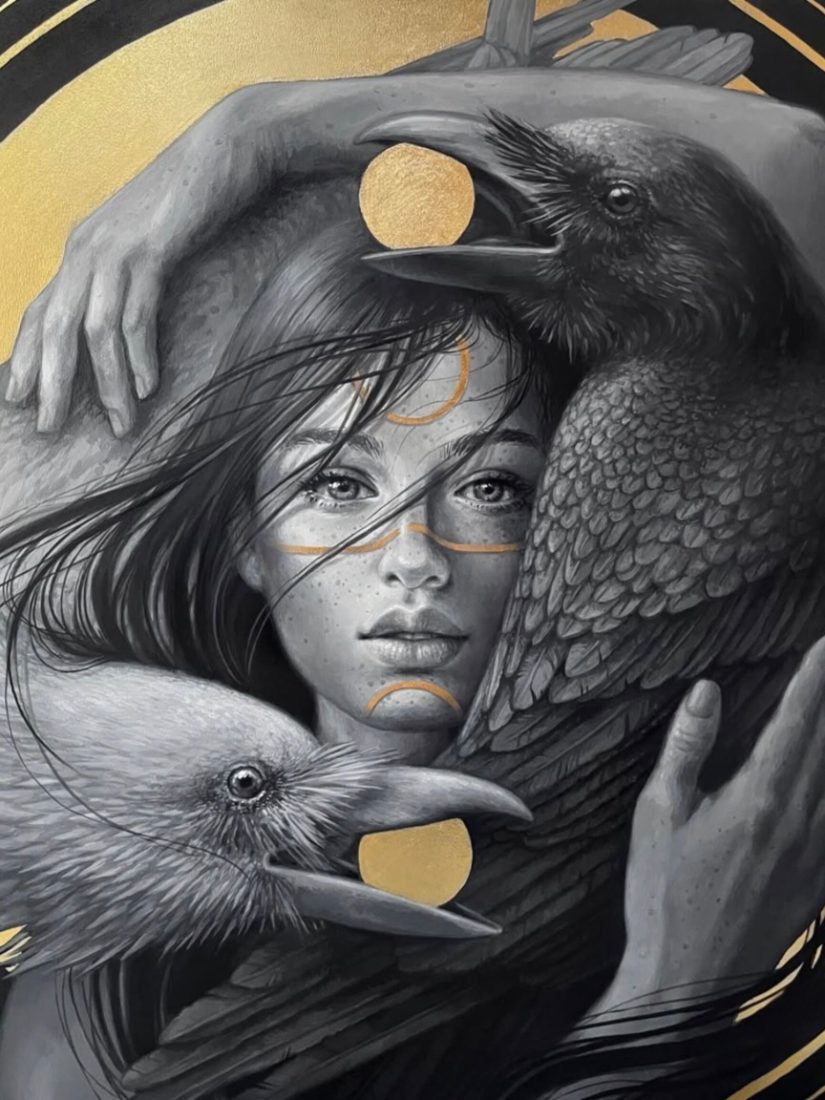 A girl encircled by watchful birds, rendered in graphite tones with flecks of gold
