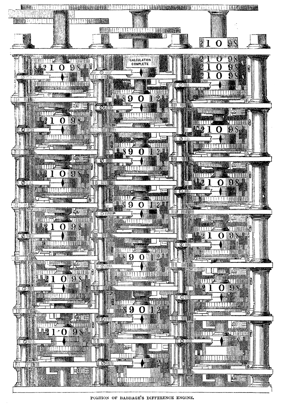 Drawing of Babbage's Difference Engine, columns and register plates in mechanical detail.