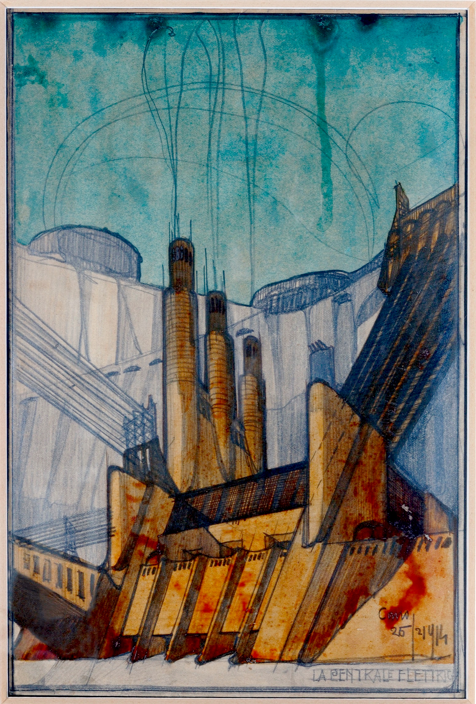 Antonio Sant'Elia power station drawing — teal wash sky, ochre angled buttresses, four chimneys.