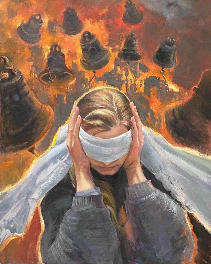 Oil painting: a blindfolded woman pressing her hands to her head beneath a burning sky filled with hanging bells.