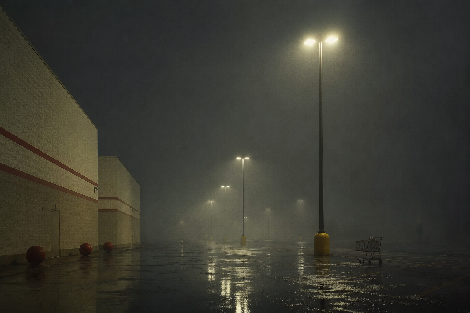 A retail car park at night in fog, wet asphalt under sodium lamps, one abandoned shopping trolley, red bollards along a windowless wall.