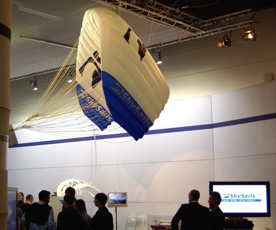 A SkySails towing kite on display