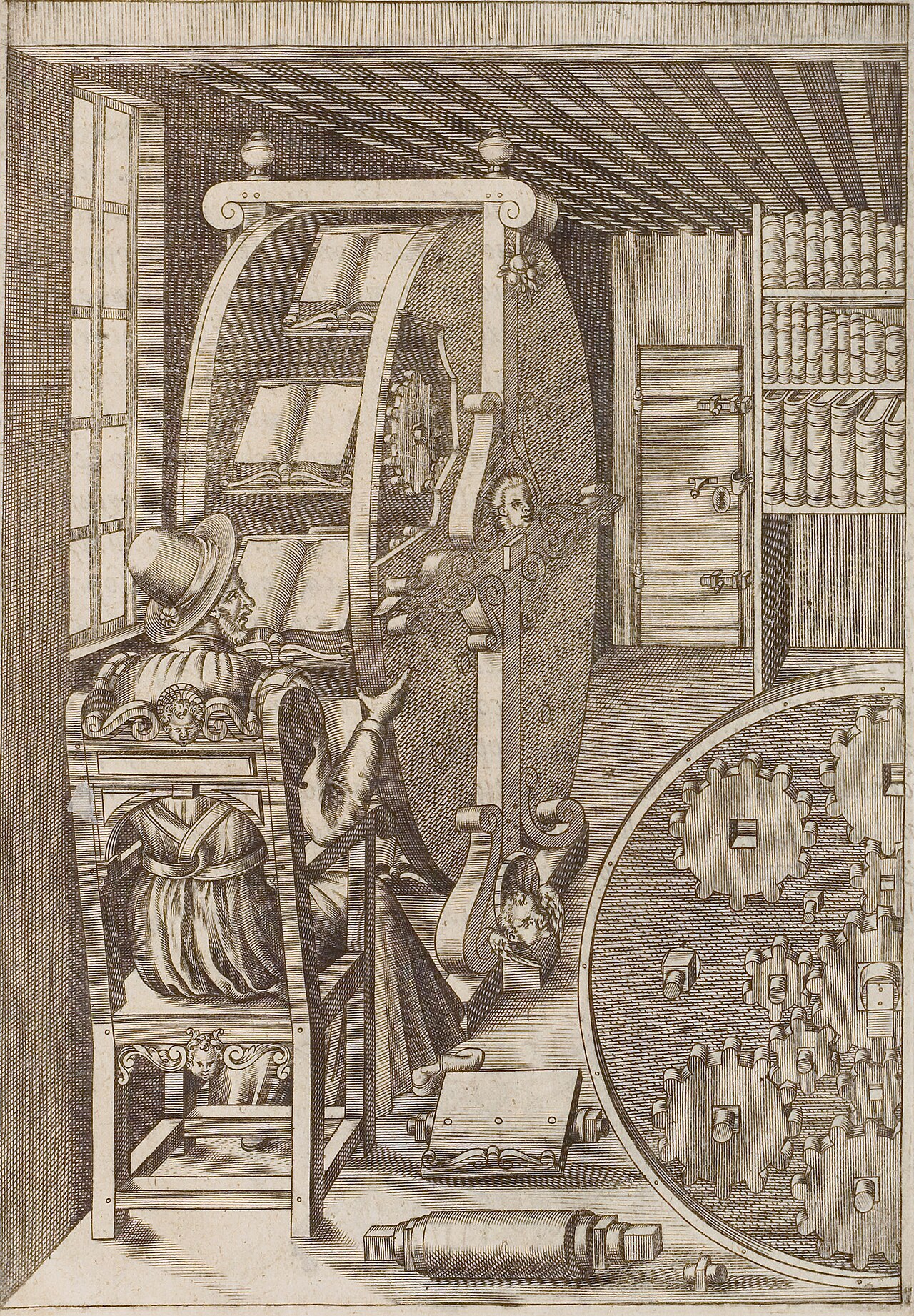 Ramelli's reading wheel: a scholar at a window beside a rotating wheel of open books, with a gear-train cutaway at right