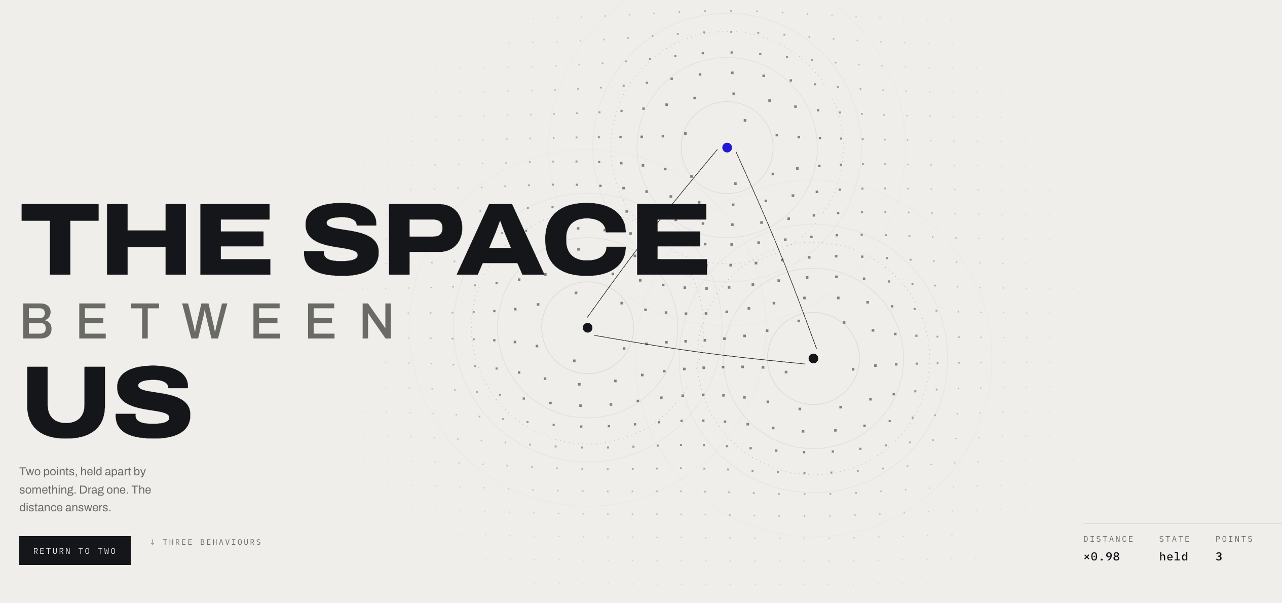 The Space Between Us station hero — two draggable points