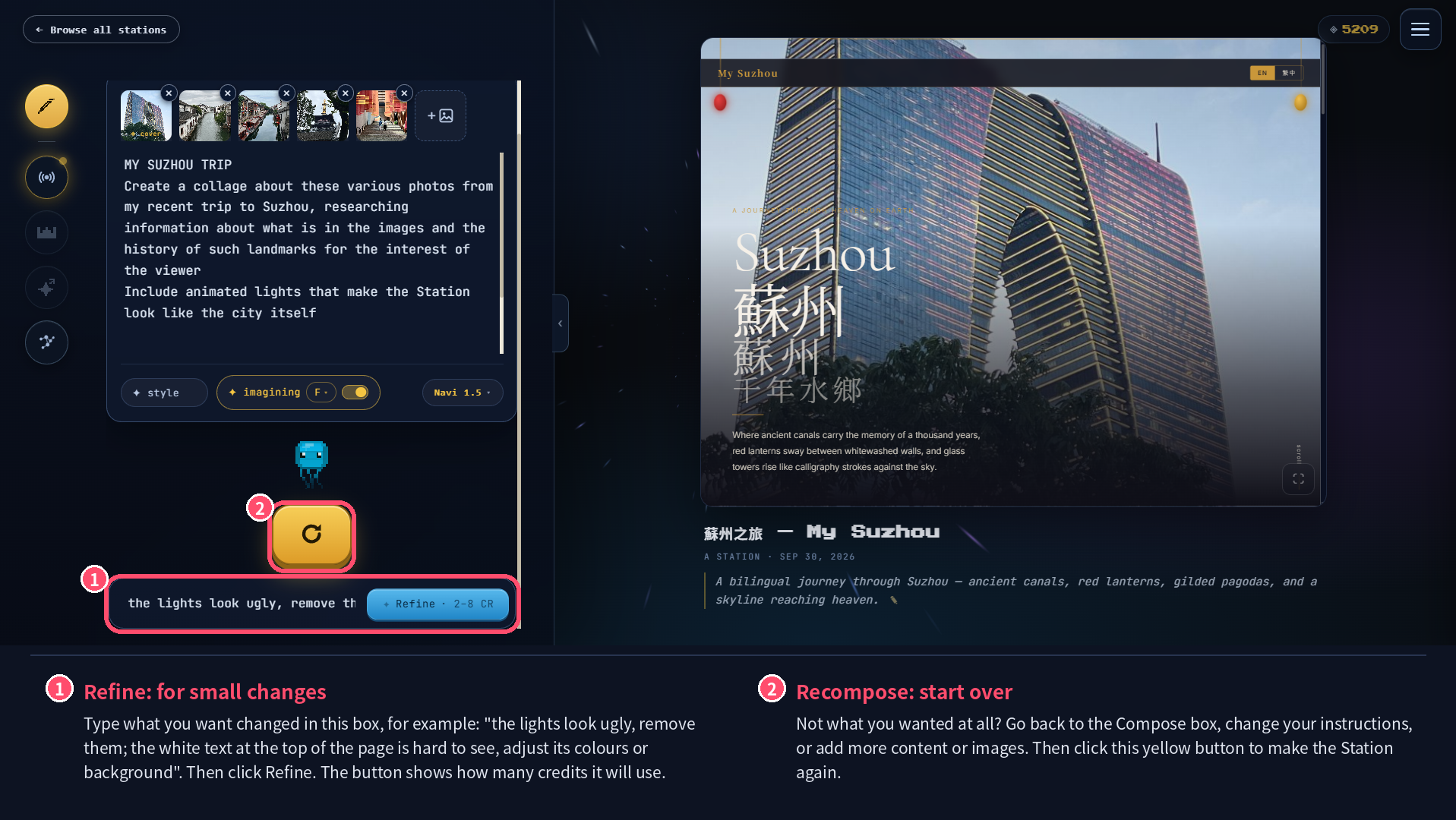 Refine and recompose buttons
