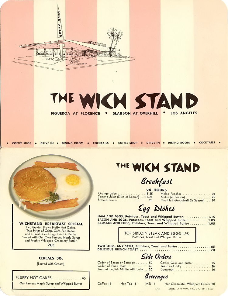 A printed restaurant menu in pink and white stripes, with a line drawing of a coffee shop under an upswept roof and a tall pylon sign, and breakfast prices in cents.