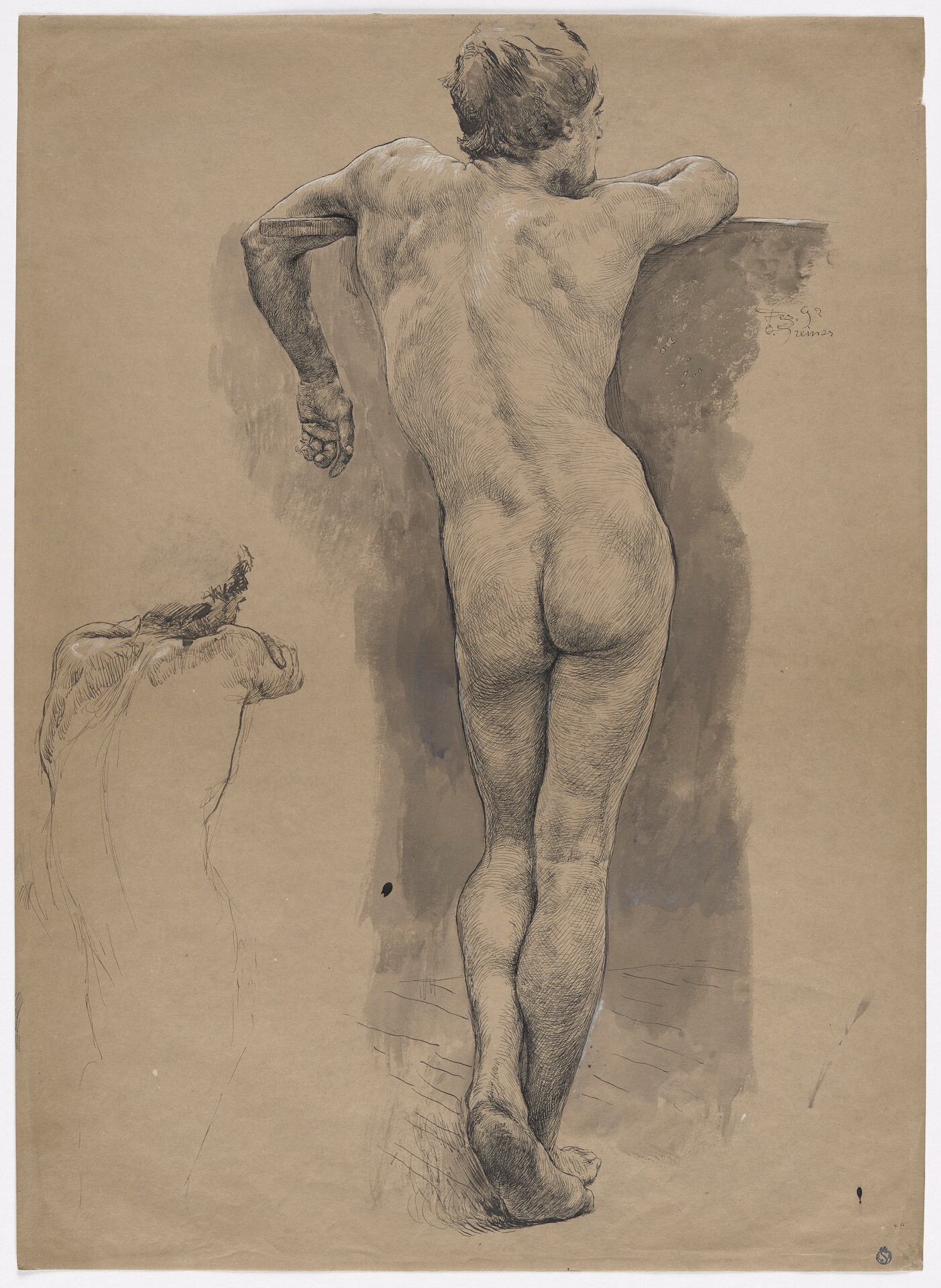 Otto Greiner, Standing Male Nude from the Back, with a Smaller Sketch, 1892 — pen and ink with wash on tan paper, shown here in extreme macro at a single small ink spot.