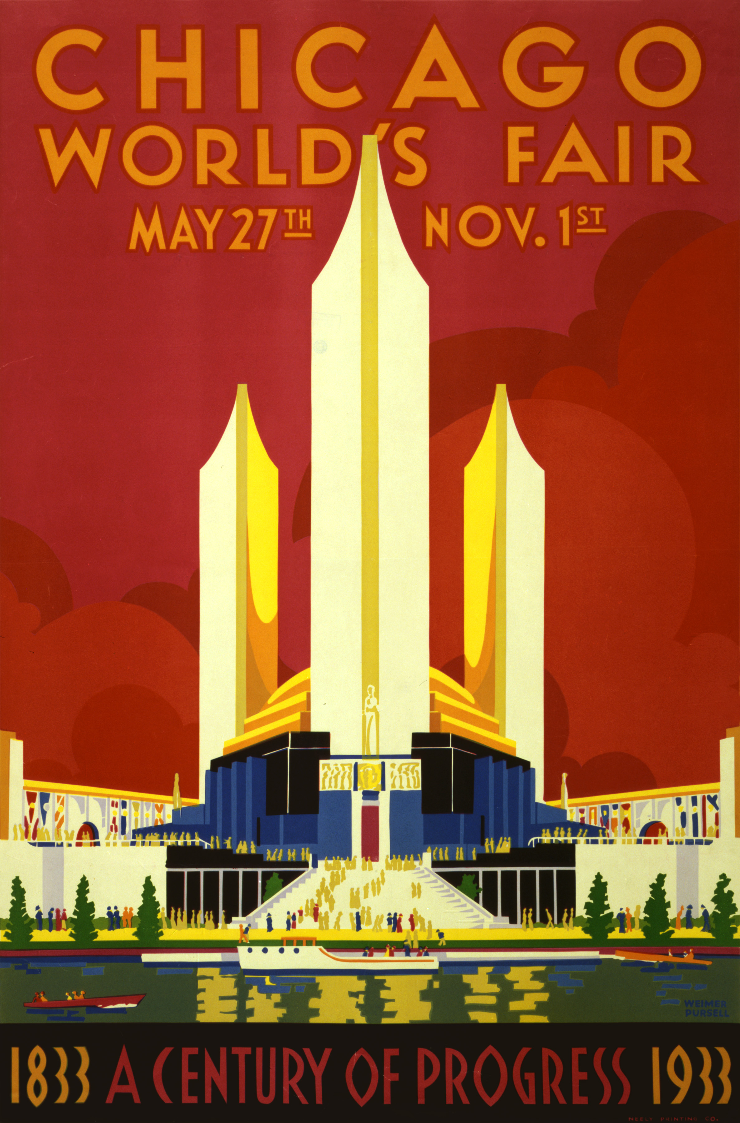 Chicago World's Fair 1933 poster — crimson sky, three gold pylons, a blue deco pavilion.