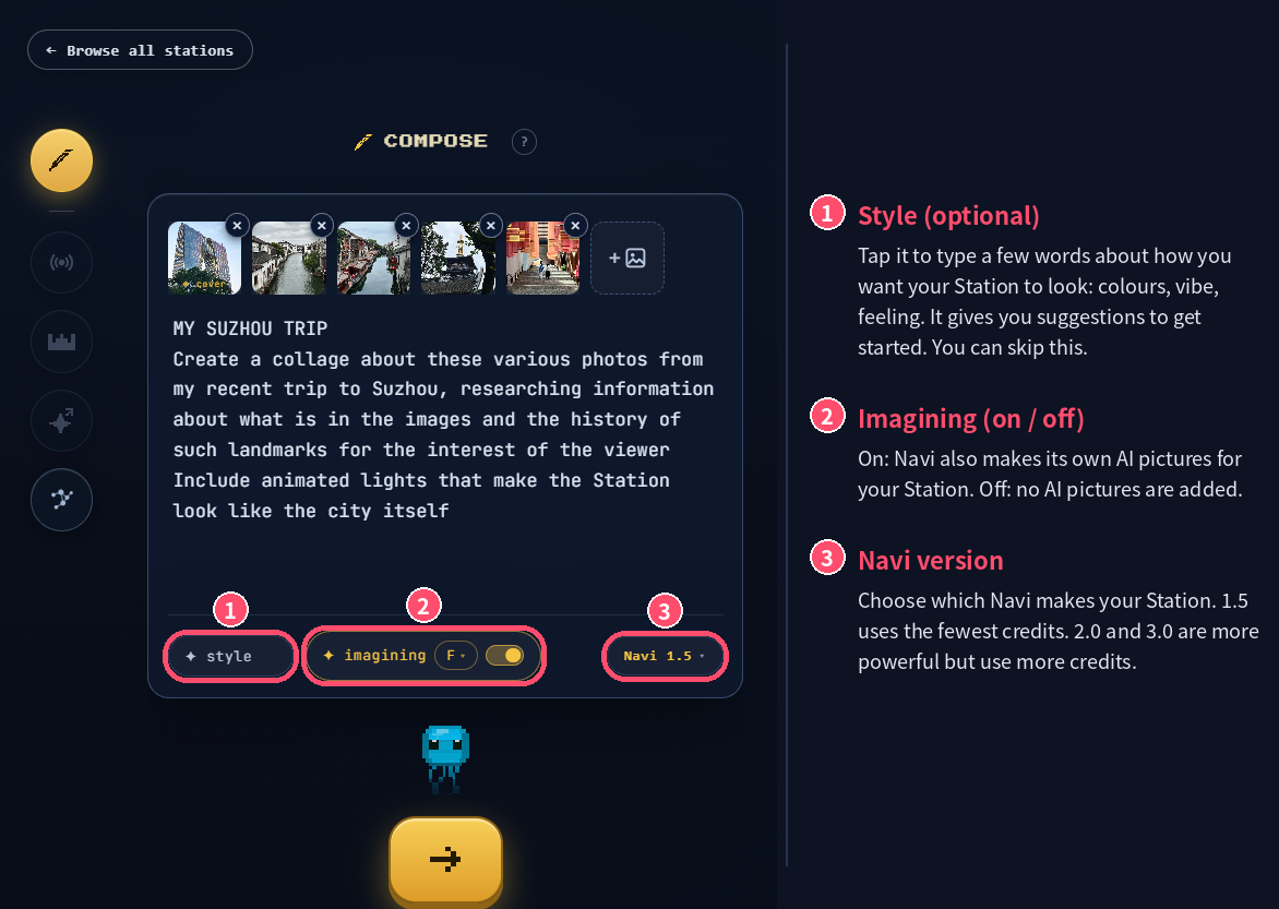 Style, imagining and Navi version buttons, with the yellow arrow button