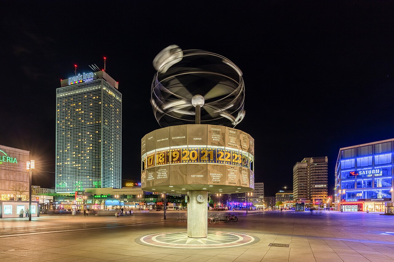 Urania World Clock at night on Alexanderplatz, Berlin