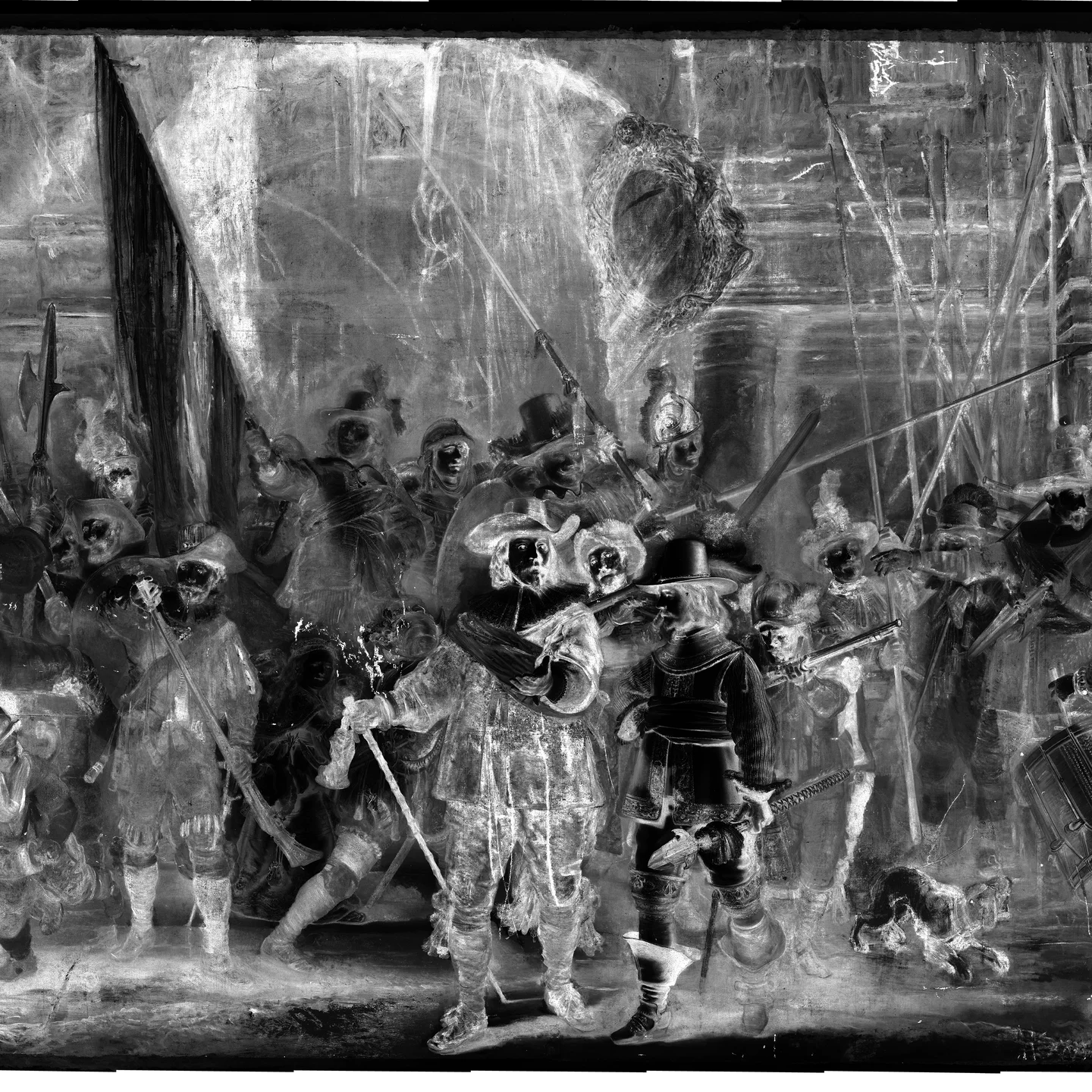Rijksmuseum MA-XRF calcium map of The Night Watch: a pale grey elemental image in which the chalk-rich preparatory sketch and altered contours appear.