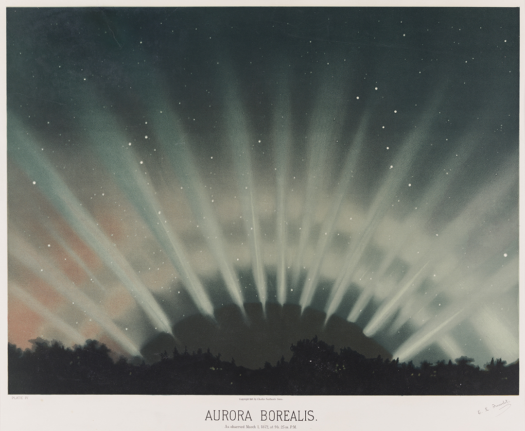 Aurora borealis, pale green and rose curtains of light standing over a dark horizon.
