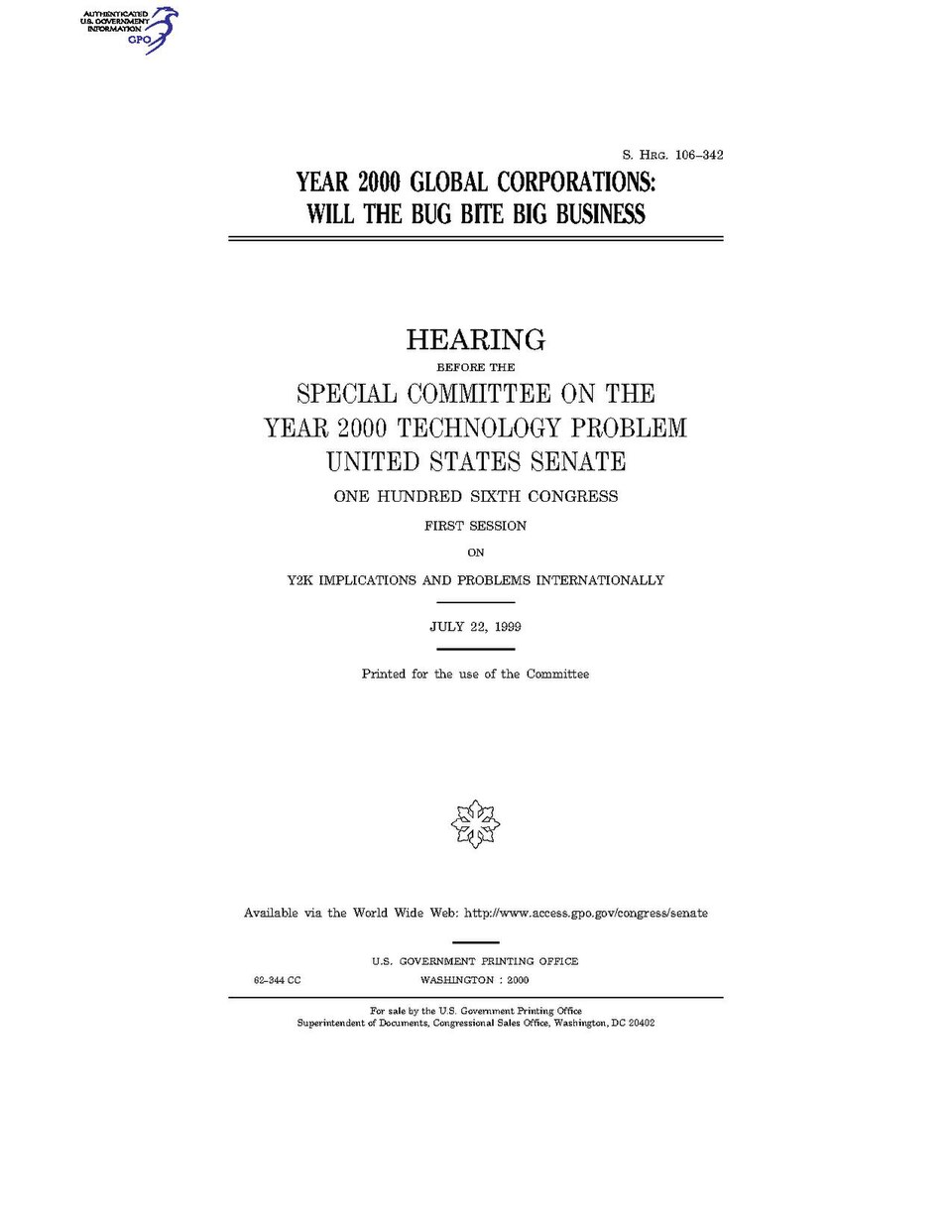 Plain typewritten cover page of a United States Senate hearing document titled Will Y2K Snarl Global Transportation