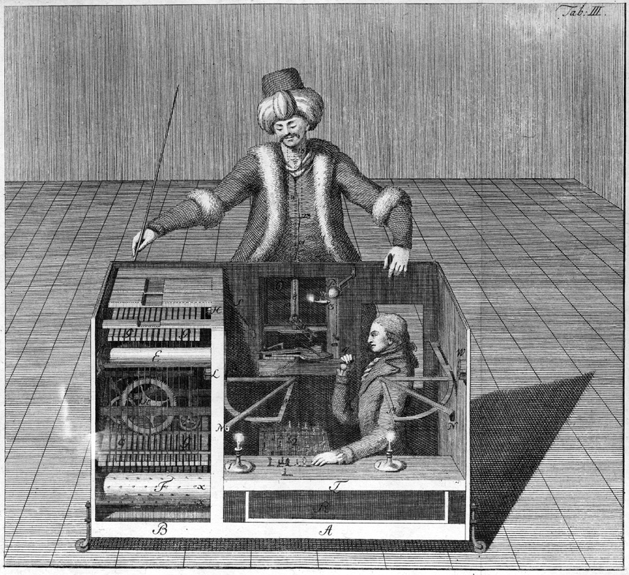 Chess automaton in a turban seated at a cabinet drawn transparent to reveal a man crouched inside with a candle