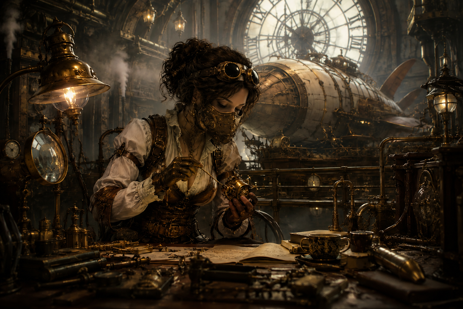 A woman in goggles and a brass filigree mask working on a small mechanism at a workshop bench, with a gas lamp, magnifier, airship hangar and a huge clock face window behind her.