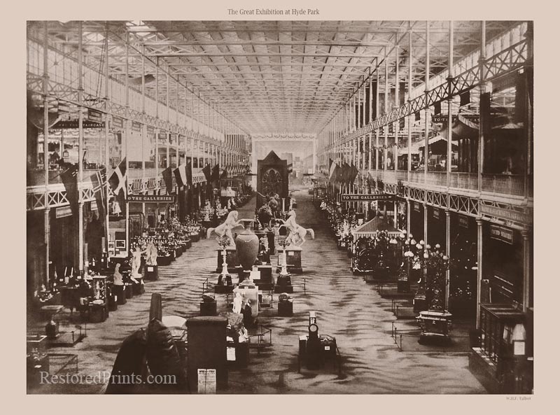 Photograph of the Great Exhibition hall in Hyde Park, 1851, filled with machinery and displays.