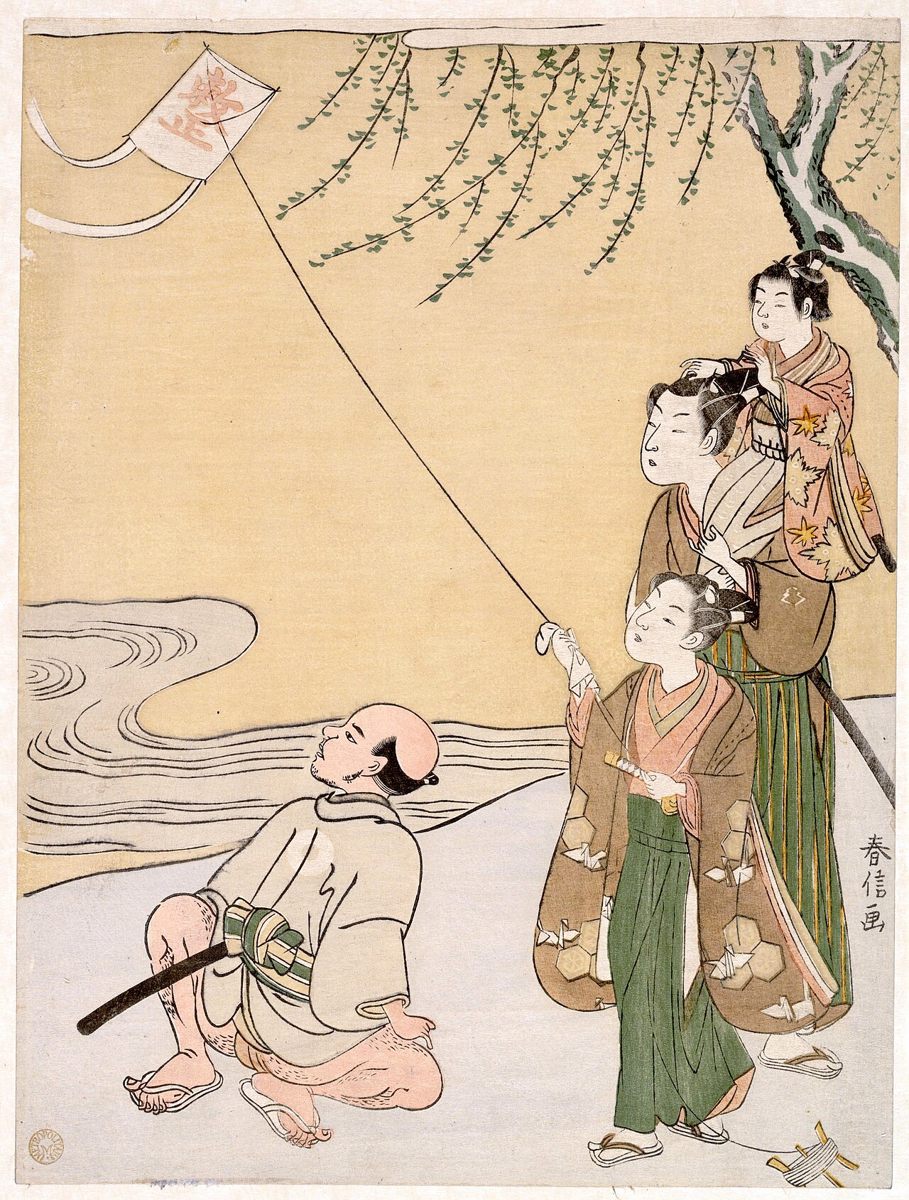 Woodblock print of figures outdoors flying a kite, the kite high above them on its string
