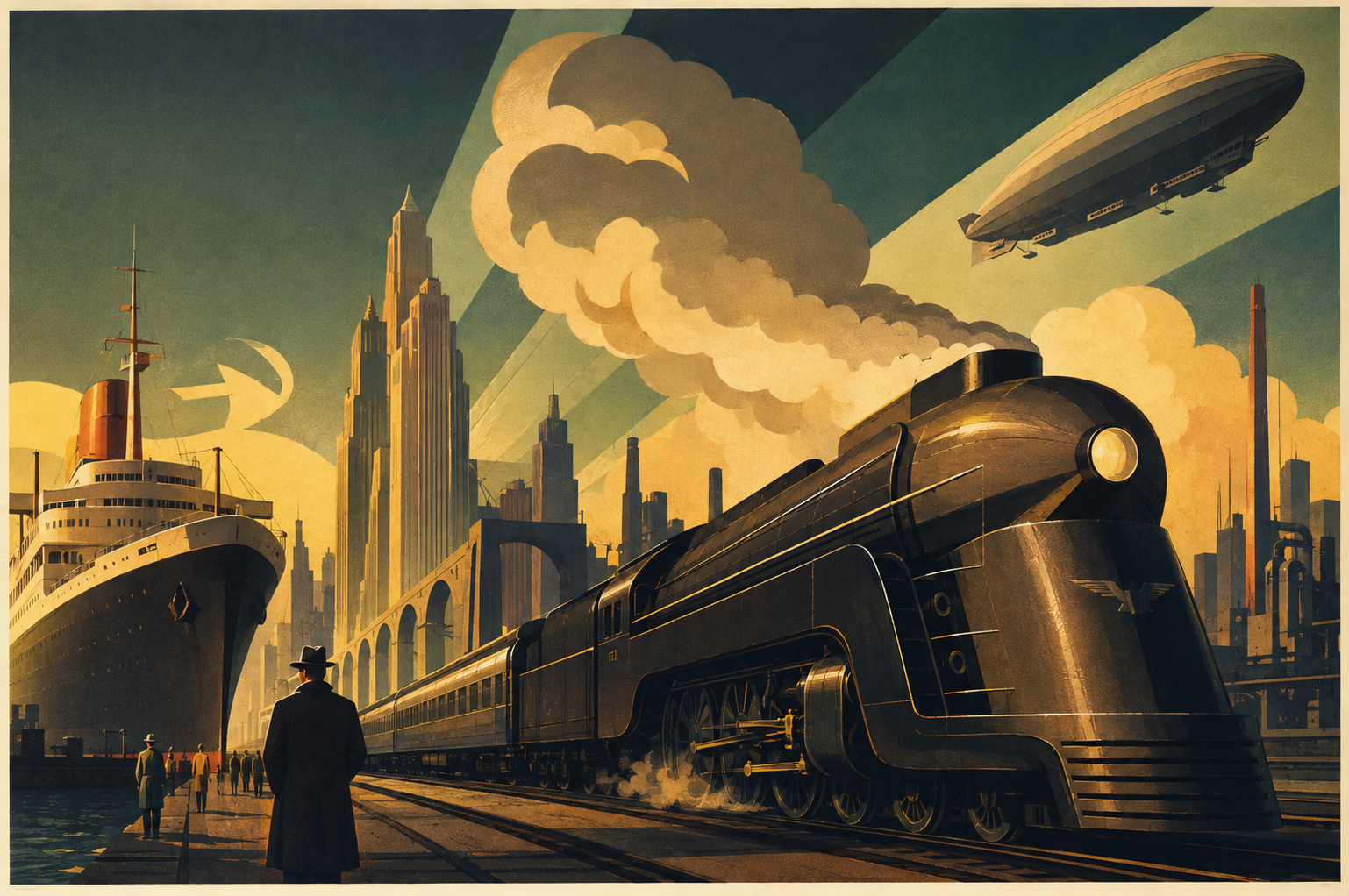 Art Deco poster illustration — a streamlined locomotive approaching, an ocean liner at the quay, a zeppelin, deco skyscrapers, searchlight beams across a teal sky, and a man in a trench coat and fedora seen from behind.