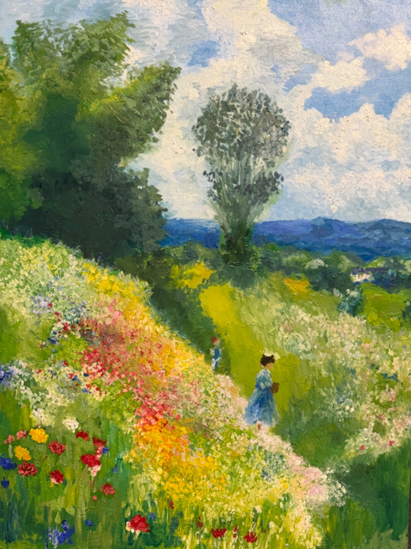 Walking Through Monet's Garden — original artwork in acrylic and oil with 3D sculpted flowers