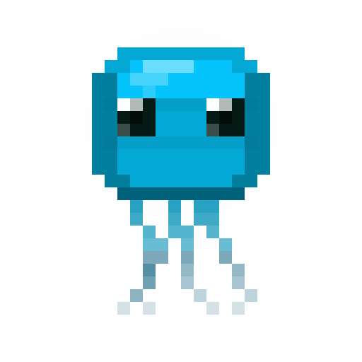 Navi, a small pixel jellyfish glowing cyan