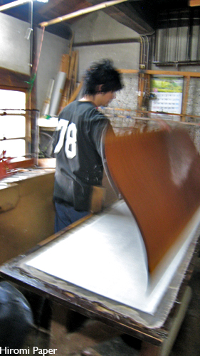 Documentary photograph: the papermaker turning at the press bed, peeling a brown mat back from the surface of a white sheet.