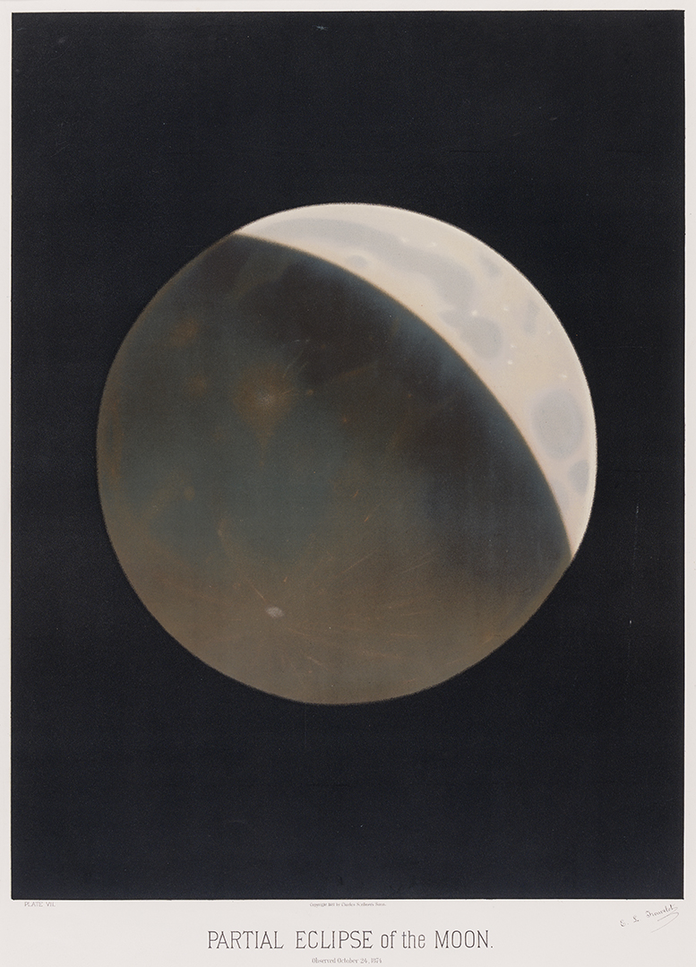 The moon during a partial eclipse, the lit portion cratered, the shadowed portion a dull red.