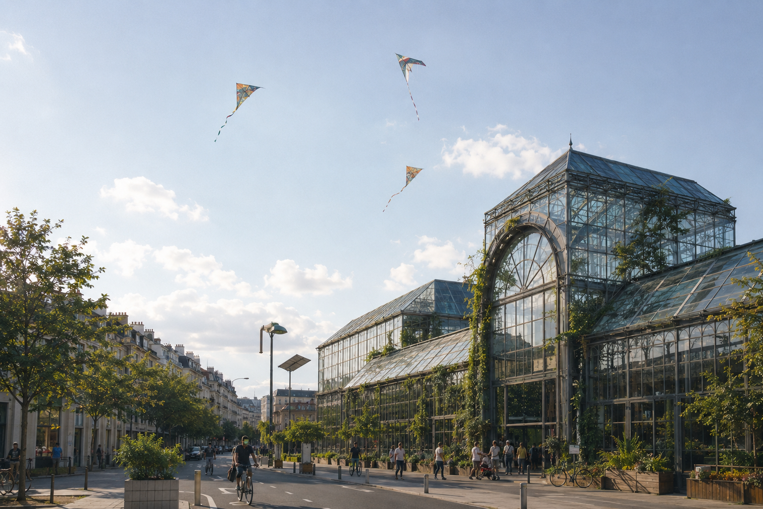A glass-and-iron greenhouse with climbing vines beside a tree-lined street of stone apartments, a cyclist and pedestrians below, a solar panel on a lamp post, and three kites in a pale blue sky