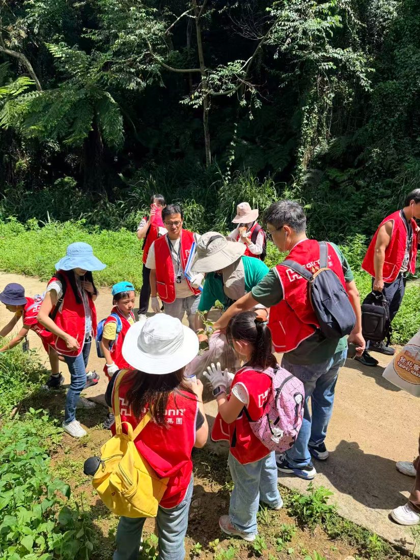 Volunteers and children in red vests and sun hats crowding around one small plant on the path
