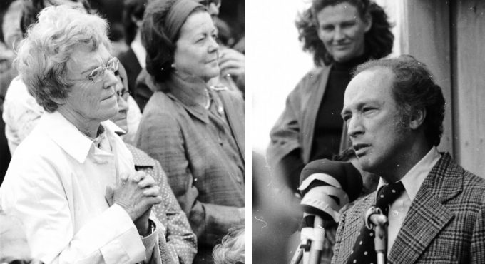 Two photographs from opening day: people gathered outdoors at Spry Point listening to proceedings, and Pierre Trudeau at a microphone.
