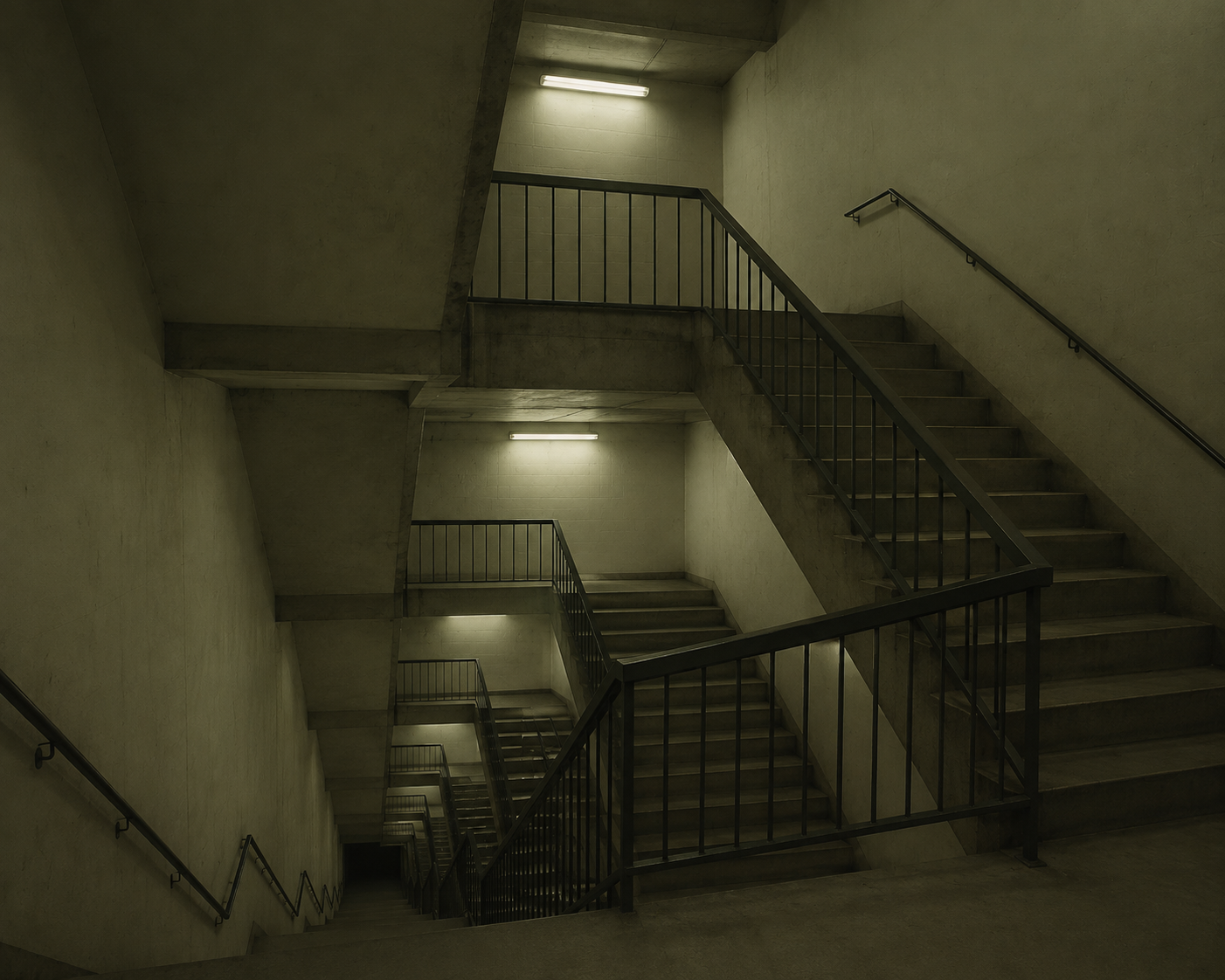 A bare concrete stairwell with fluorescent tubes on each landing, flights repeating downward into darkness, no windows, nobody in it.