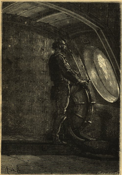 Captain Nemo at the wheel on the bridge of the Nautilus.